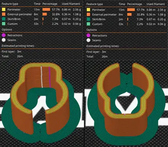 Screenshot of the Prusaslicer Preview of the model showing the seam and retractions Screenshot of the Prusaslicer Preview of the model showing the seam and retractions