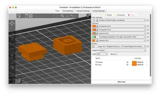 Screenshot of PrusaSlicer 2.7.0 where the two parts have been placed onto the build plate individually
