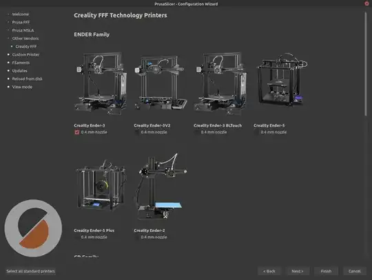 PrusaSlicer Creality printer selection screen