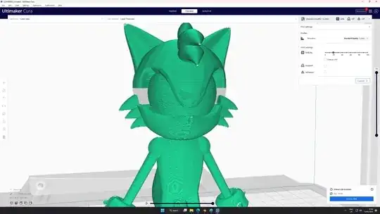 Screenshot of a Cura's Preview of the 3D model but with parts missing