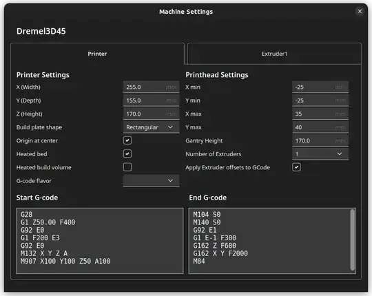 The Dremel 3D45 printer settings inside of Cura The Dremel 3D45 printer settings inside of Cura