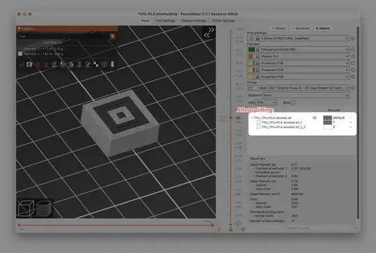 PrusaSlicer 2.7.1 sliced view showing a two colour print and an object with two parts in the object list