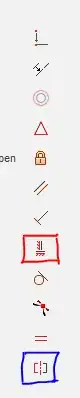 The alignment tool icons. Marked red: the 8th (horizontal/vertical). Marked blue: the 12th (symmetry).