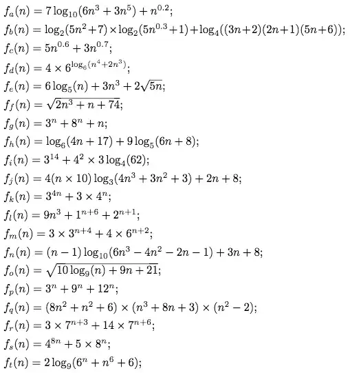 A few examples of functions often taken as objects of asymptotic analysis in Computer Science