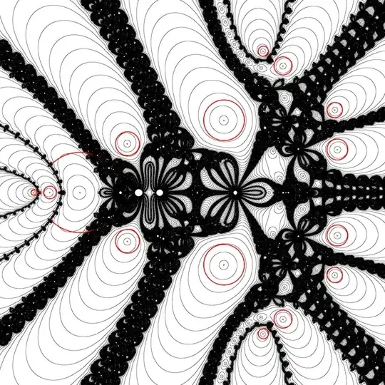 red circles drawn around roots in a Newton fractal based on period 5 components in the Mandelbrot set