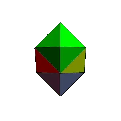 Animated GIF with two tetrahedra and two octahedron connected face-to-face.