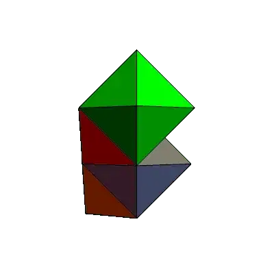 Animated GIF with two tetrahedra and two octahedron connected face-to-face.