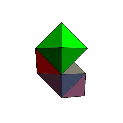 Animated GIF with two tetrahedra and two octahedron connected face-to-face.