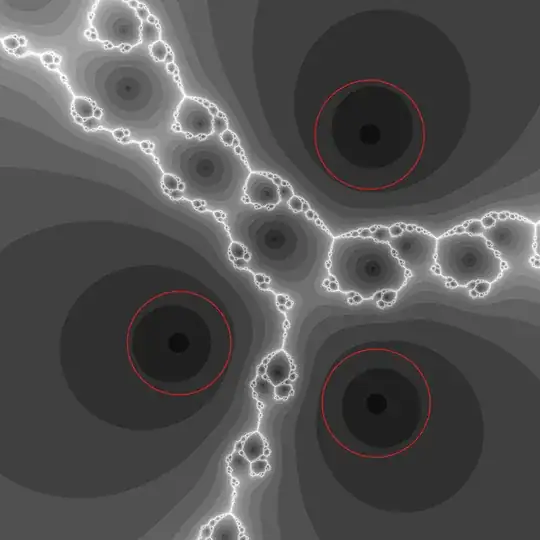 Newton fractal in white with roots circled in red