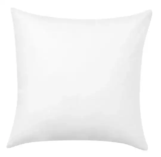 A plain white square pillow. The pillow is made from two squares of fabric whose edges are sewn together.