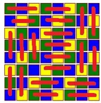 chessboard with tromino positions marked in red