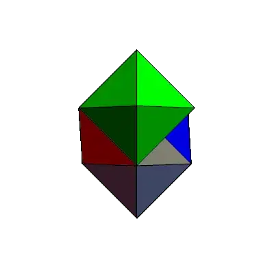 Animated GIF with two tetrahedra and two octahedron connected face-to-face.