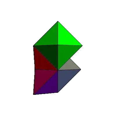 Animated GIF with two tetrahedra and two octahedron connected face-to-face.