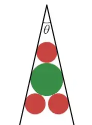 Three red circles and a green circle enclosed in an angle