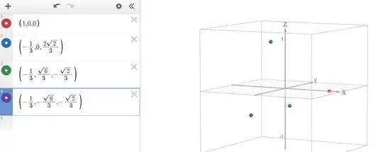 Four vertices of a regular tetrahedron in 3D, oriented so that the centroid is at the origin, one vertex is (1, 0, 0), and another is in the xz-plane, vertically above the xy-plane.