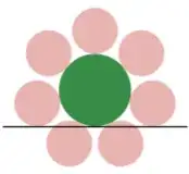 Green circle surrounded by, and tangent to, seven equally spaced red circles