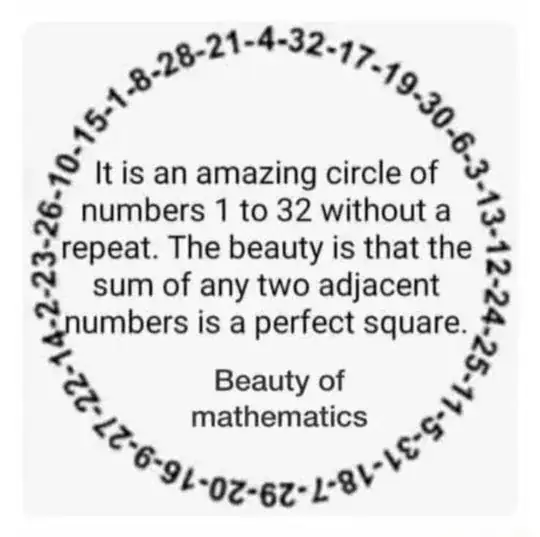 number circle of 1 to 32 where sum of each numbers is a perfect square
