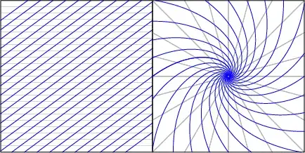 Animation loop showing a family of non-horizontal lines, and their logarithmic spiral images under the complex exponential map