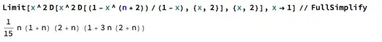 Limit[x^2 D[x^2 D[(1 - x^(n + 2))/(1 - x), {x, 2}], {x, 2}],
x -> 1] // FullSimplify
