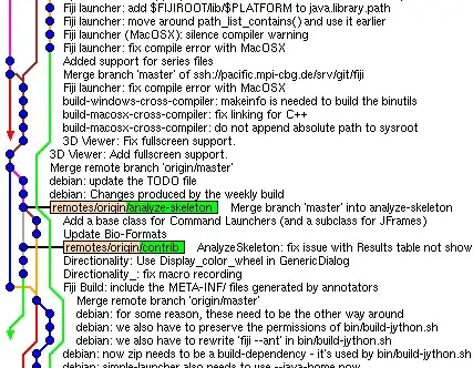 A screenshot of gitk showing several merges and branches