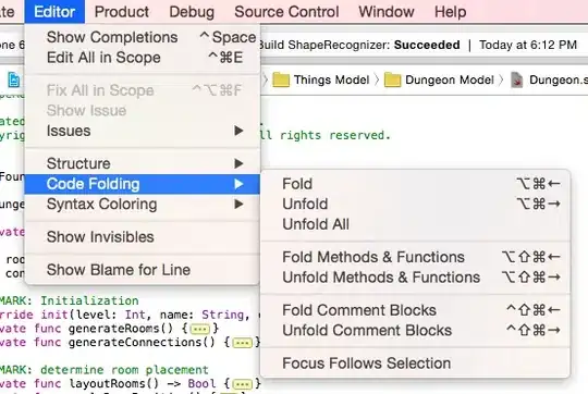 Picture of shortcut keys in Xcode for collapsing and expanding code
