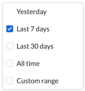 Heading Yesterday with a group of checkboxes: Last 7 days, Last 30 days, All time, Custom Range. The Last 7 days checkbox is checked. The unselected checkboxes appear to be low contrast.