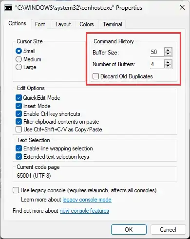 Screenshot of the "Cmd.exe Properties" window, with Command history settings highlighted