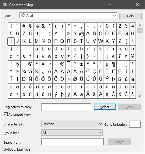 character map default view