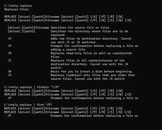 Image showing output of help replace | findstr "/"