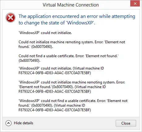 Could not find a usable certificate. Error: 'Element not found'