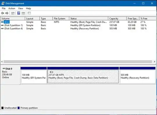 Disk Management utility. shows three partitions on drive 0