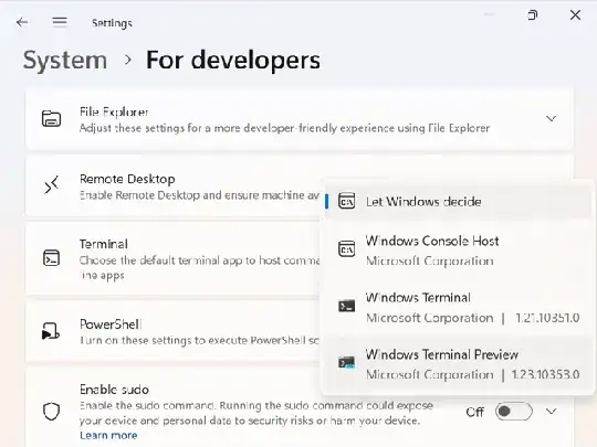 Screenshot of the Windows Settings page showing the drop-down menu to 'Choose the default terminal app'.