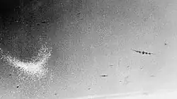 Grainy Second World War photograph of a cloud of chaff dropped from an aircraft